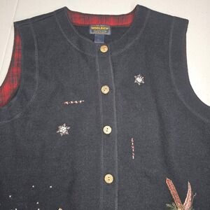 WOOLRICH Vintage Women's Large Black Ski Skiing Themed Sweater Vest -1645
